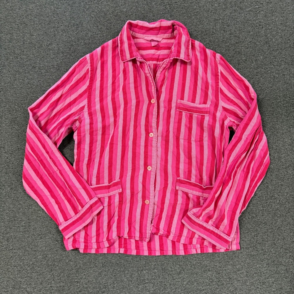 Victoria's Secret Pajama Top Women M Pink Good Striped Metallic Button Up